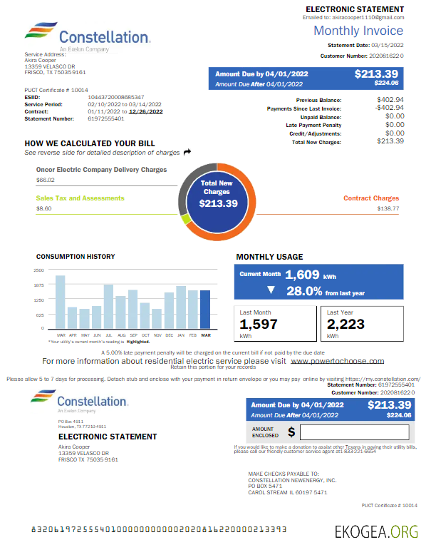 Usa Constellation utility bill word and pdf template